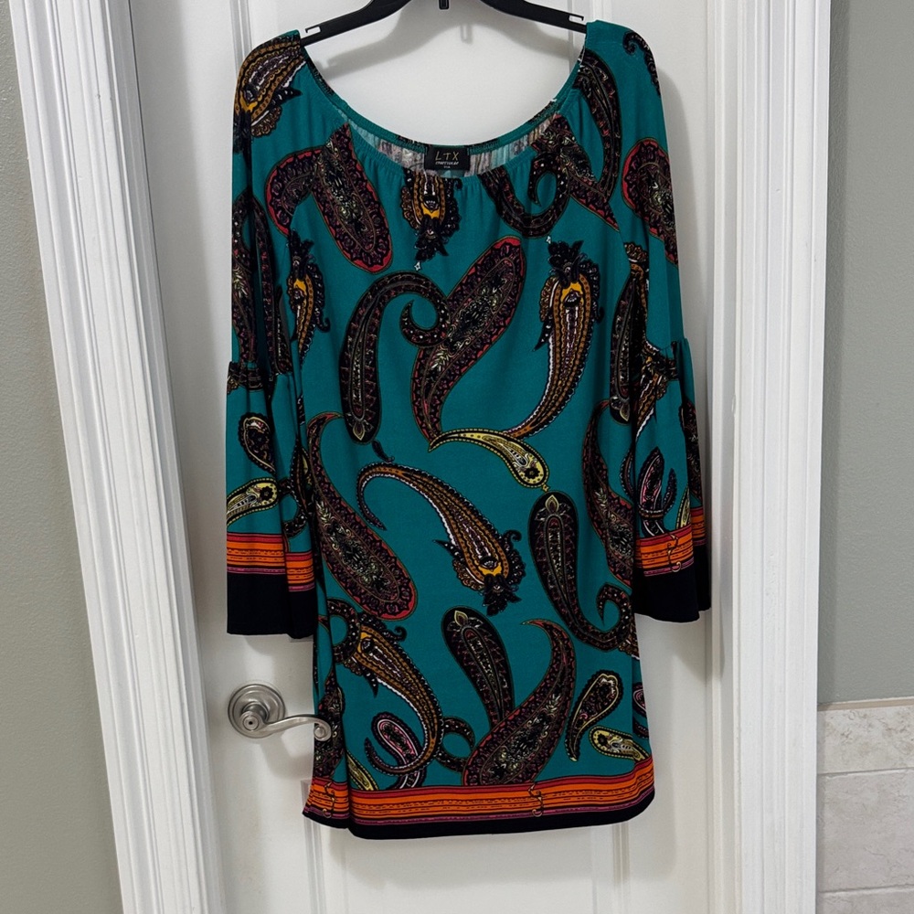 l*space Teal Paisley Dress with Black and Orange Trim